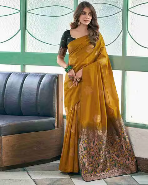 Mustard Yellow Silk Saree with Black Zari Border & Floral Weaving