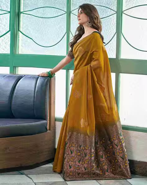 Mustard Yellow Silk Saree with Black Zari Border & Floral Weaving
