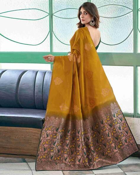 Mustard Yellow Silk Saree with Black Zari Border & Floral Weaving