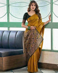 Mustard Yellow Silk Saree with Black Zari Border & Floral Weaving
