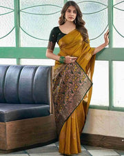 Mustard Yellow Silk Saree with Black Zari Border & Floral Weaving