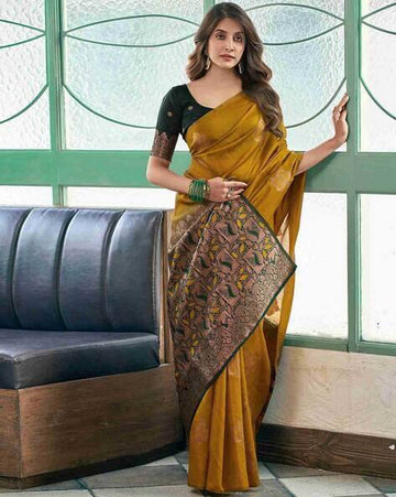 Mustard Yellow Silk Saree with Black Zari Border & Floral Weaving