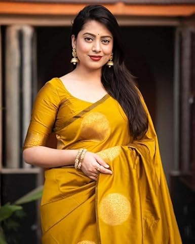 Mustard Yellow Banarasi Silk Saree with Golden Polka Dots