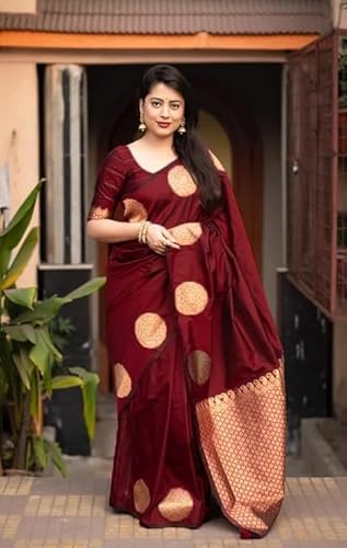 Burgundy Banarasi Silk Saree with Golden Zari Polka Dots