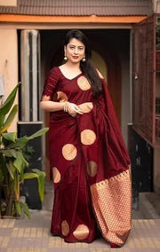 Burgundy Banarasi Silk Saree with Golden Zari Polka Dots