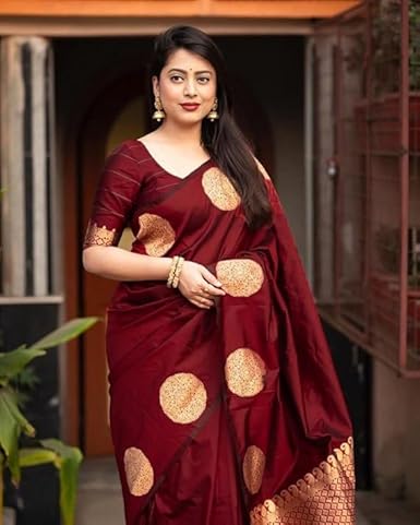Burgundy Banarasi Silk Saree with Golden Zari Polka Dots