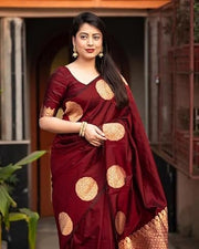 Burgundy Banarasi Silk Saree with Golden Zari Polka Dots