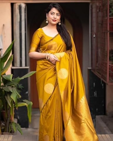 Mustard Yellow Banarasi Silk Saree with Golden Polka Dots