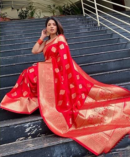 Exquisite Red Banarasi Silk Saree with All-Over Golden Butta Work
