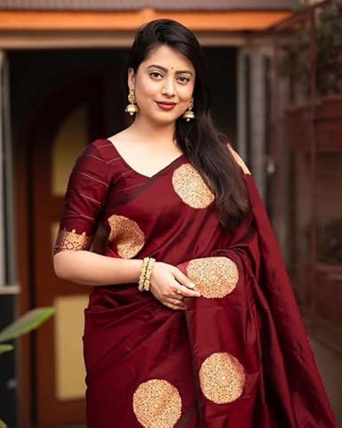 Burgundy Banarasi Silk Saree with Golden Zari Polka Dots