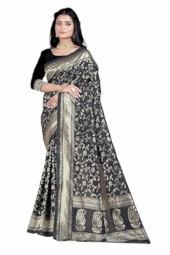 Charcoal Black Banarasi Silk Saree with Antique Gold Zari