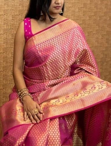 Majestic Pink Banarasi Silk Saree with Golden Zari Weaving