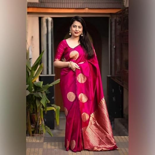 Hot Pink Banarasi Silk Saree with Golden Polka Dots