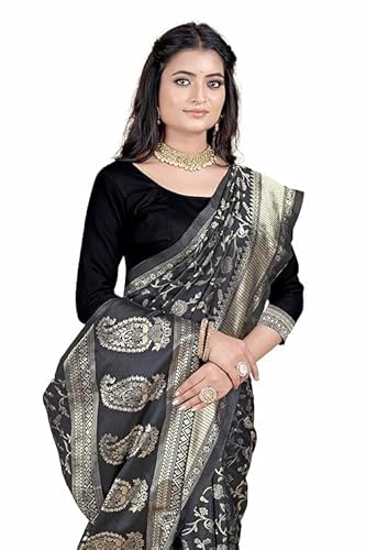 Charcoal Black Banarasi Silk Saree with Antique Gold Zari