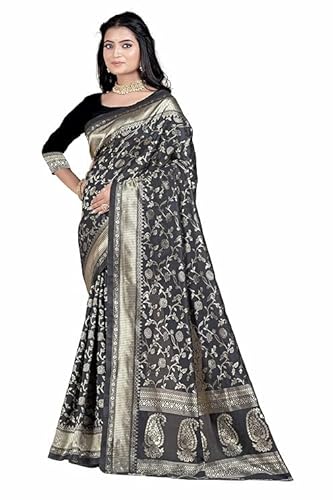 Charcoal Black Banarasi Silk Saree with Antique Gold Zari