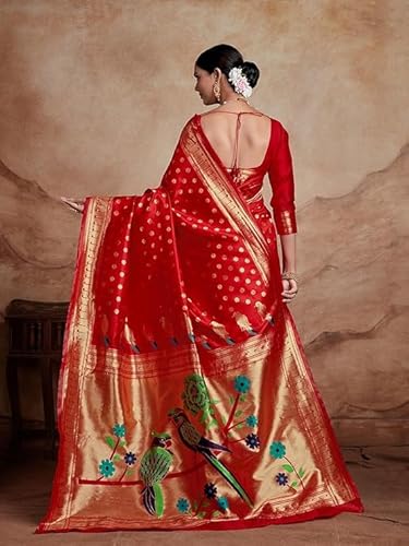 Scarlet Red Banarasi Silk Saree with Hand-Painted Parrot Motif