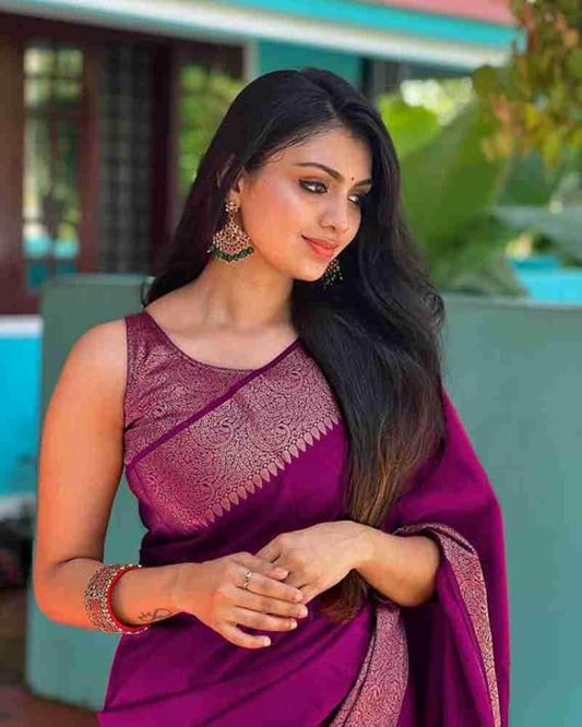 Regal Magenta Banarasi Silk Saree with Rose Gold Zari Weave
