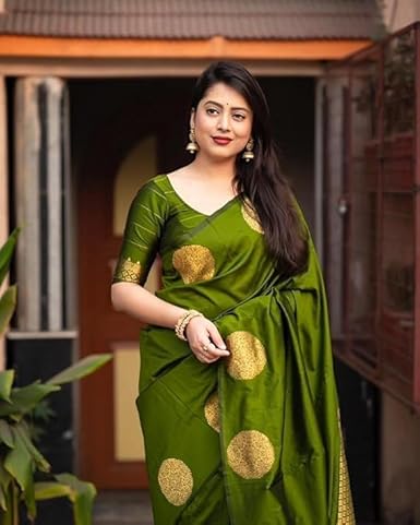 Olive Green Banarasi Silk Saree with Golden Polka Dots