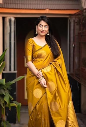 Mustard Yellow Banarasi Silk Saree with Golden Polka Dots