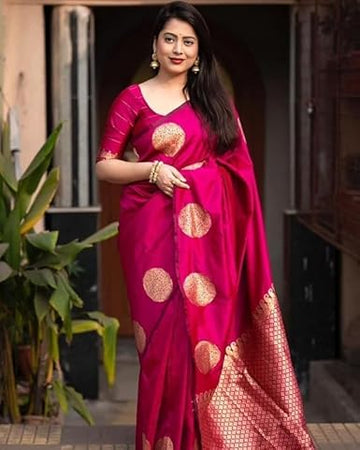 Hot Pink Banarasi Silk Saree with Golden Polka Dots