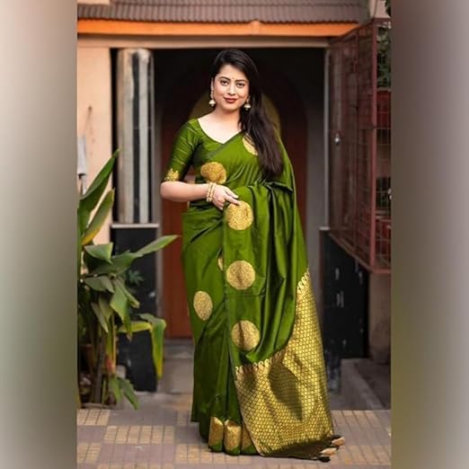 Olive Green Banarasi Silk Saree with Golden Polka Dots