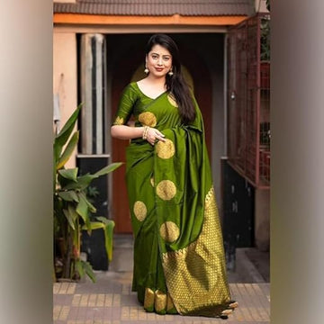 Olive Green Banarasi Silk Saree with Golden Polka Dots