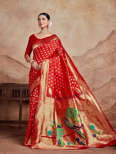 Scarlet Red Banarasi Silk Saree with Hand-Painted Parrot Motif