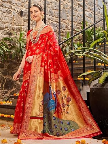 Radiant Red Banarasi Silk Saree with Hand-Painted Peacock Motif