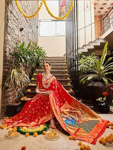 Radiant Red Banarasi Silk Saree with Hand-Painted Peacock Motif