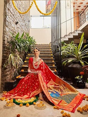 Radiant Red Banarasi Silk Saree with Hand-Painted Peacock Motif