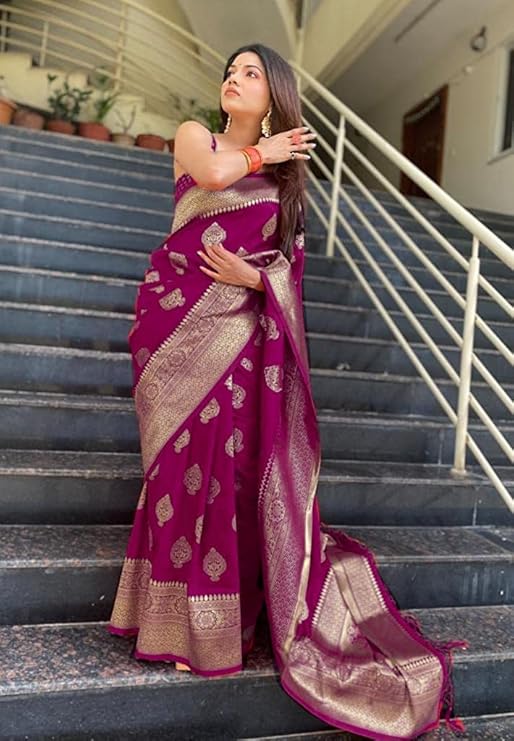 Plum Purple Banarasi Silk Saree with Antique Gold Zari Weave