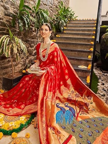 Radiant Red Banarasi Silk Saree with Hand-Painted Peacock Motif