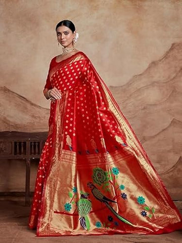 Scarlet Red Banarasi Silk Saree with Hand-Painted Parrot Motif