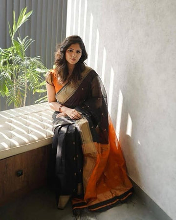 Chic Black Chiffon Saree with Golden Zari Weaving