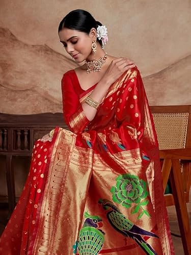 Scarlet Red Banarasi Silk Saree with Hand-Painted Parrot Motif