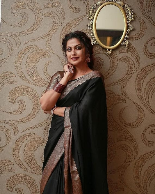 Timeless Black Kanjivaram Silk Saree with Antique Gold Zari Weave