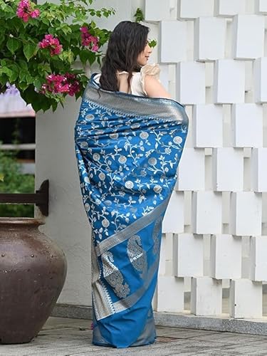 Majestic Royal Blue Banarasi Silk Saree with Silver Zari