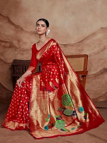 Scarlet Red Banarasi Silk Saree with Hand-Painted Parrot Motif
