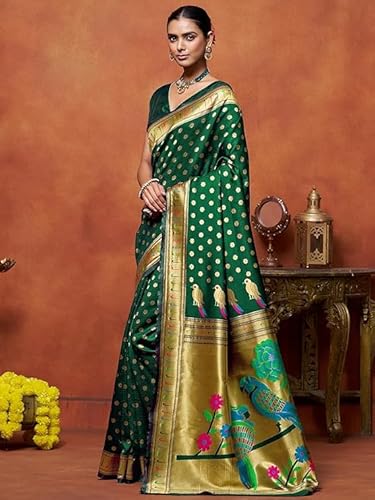 Artistic Emerald Green Paithani Silk Saree with Woven Peacock Motifs