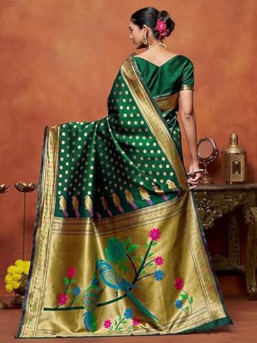 Artistic Emerald Green Paithani Silk Saree with Woven Peacock Motifs