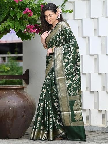Bottle Green Banarasi Silk Saree with Golden Zari Weaving
