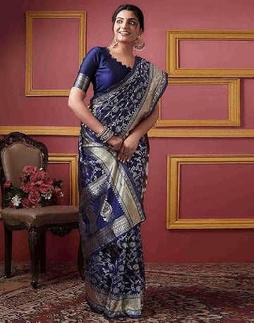 Midnight Blue Banarasi Silk Saree with Antique Gold Zari
