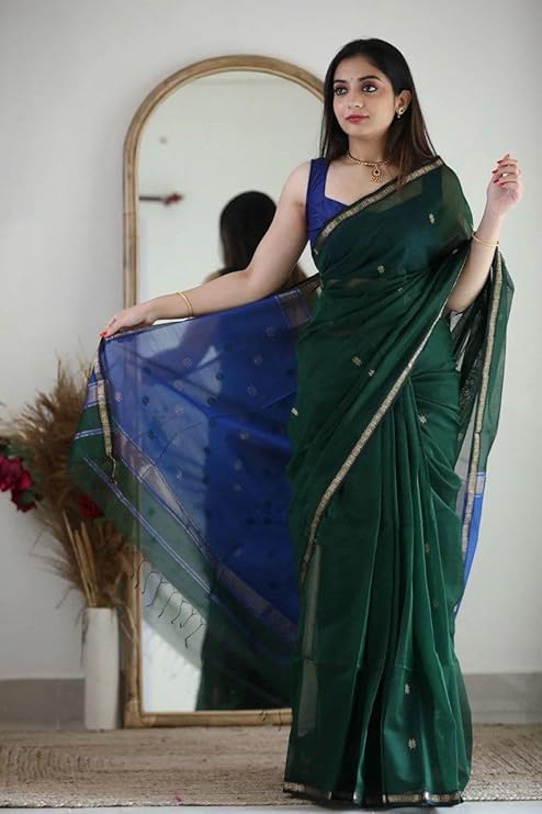 Forest Green Handloom Saree with Royal Blue and Zari Weaving