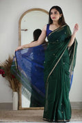Forest Green Handloom Saree with Royal Blue and Zari Weaving