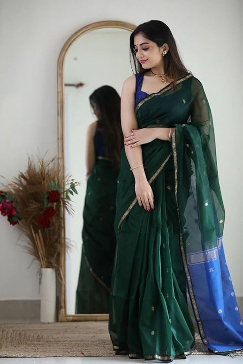 Forest Green Handloom Saree with Royal Blue and Zari Weaving