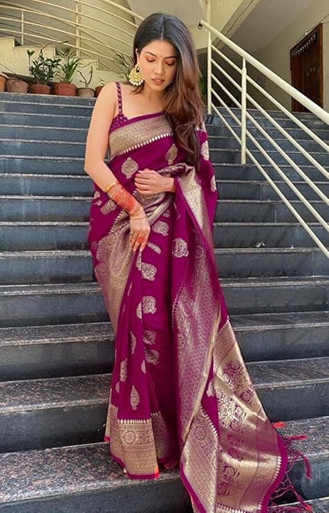 Plum Purple Banarasi Silk Saree with Antique Gold Zari Weave