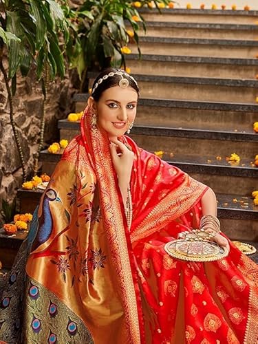 Radiant Red Banarasi Silk Saree with Hand-Painted Peacock Motif
