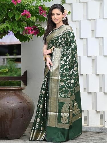 Bottle Green Banarasi Silk Saree with Golden Zari Weaving