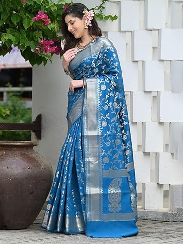 Majestic Royal Blue Banarasi Silk Saree with Silver Zari