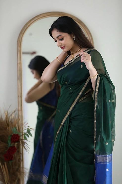 Forest Green Handloom Saree with Royal Blue and Zari Weaving
